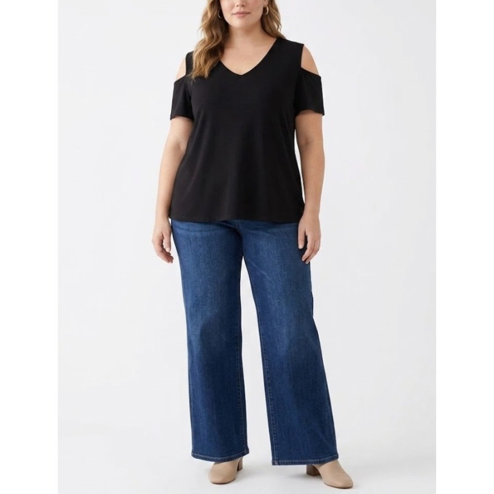 Clara Sun Woo size XL Black Cold Shoulder Stretch Knit Top Minimalist